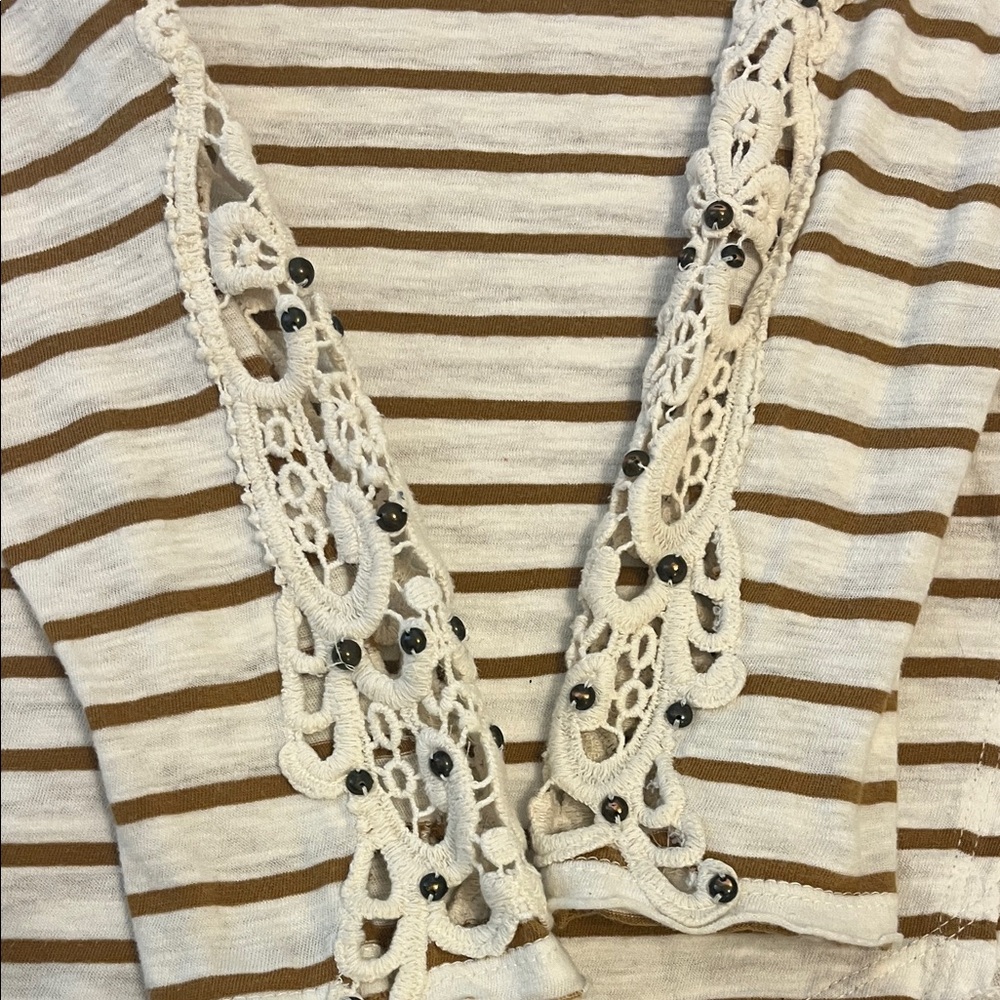Free People Boho Lace Sleeve Striped Top Cream Soft Girl Indie long sleeved Tee - Picture 4 of 8